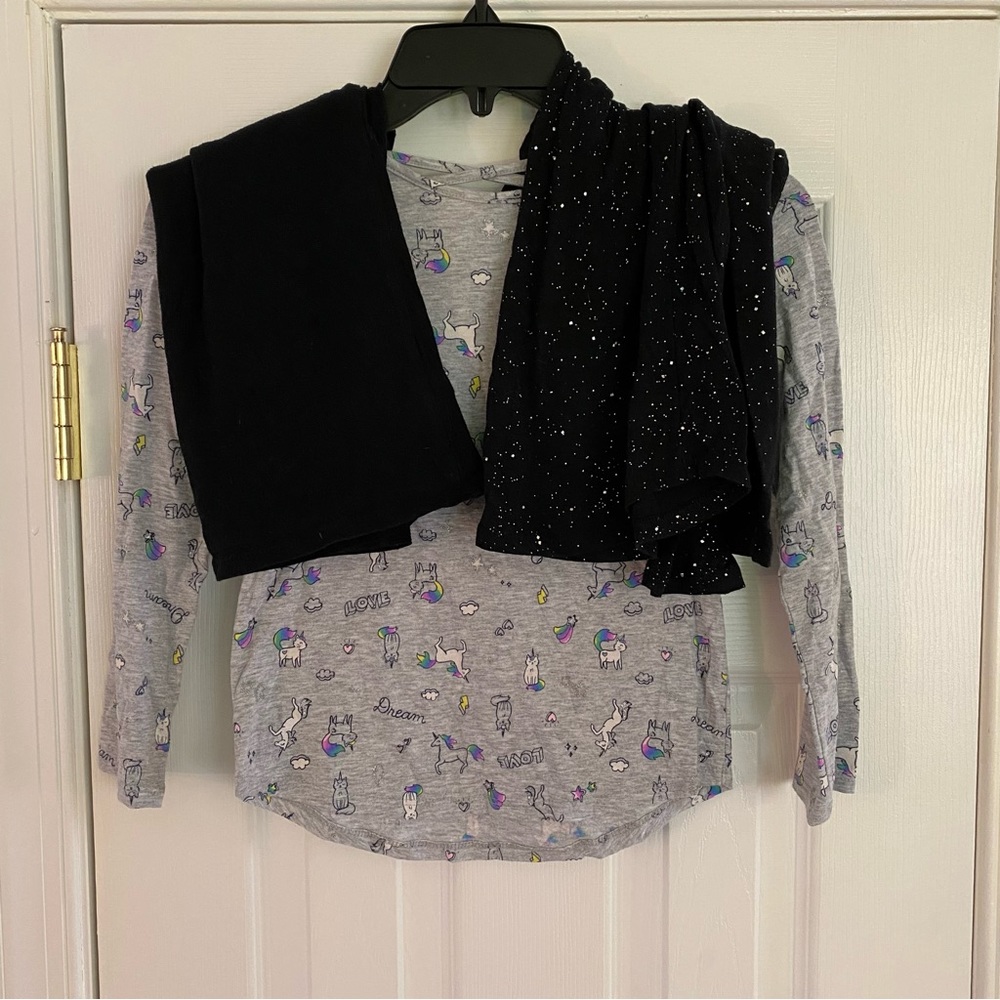 Girls Bundle of 3 Long Sleeve Shirts Unicorn Cat Solid Black Glitter Small 6 6x